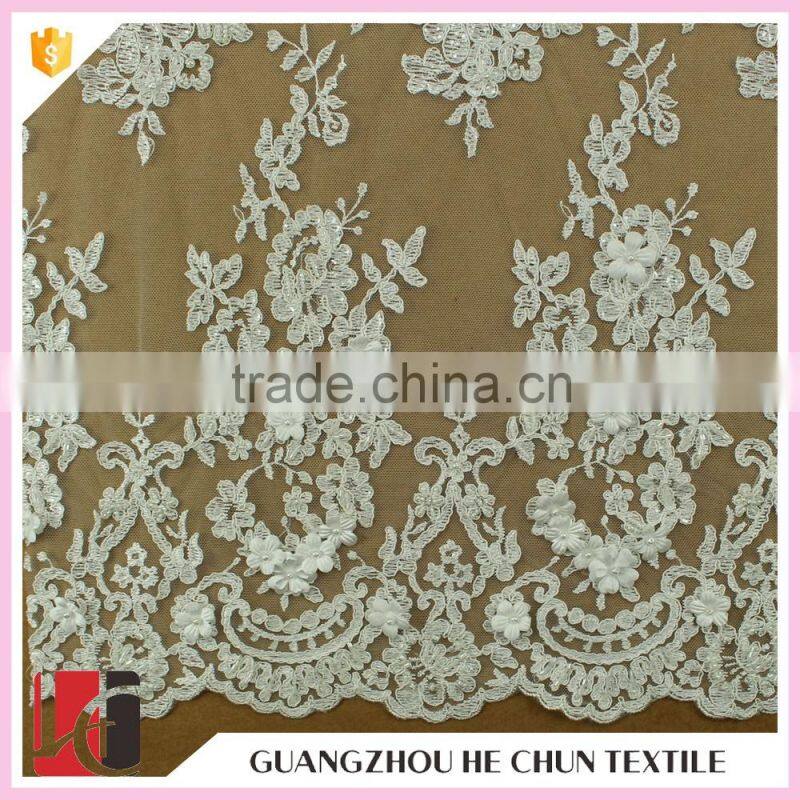 HC-5868-1 Hechun Wedding Dresses Floral Beaded White Organza Bridal Lace Fabric