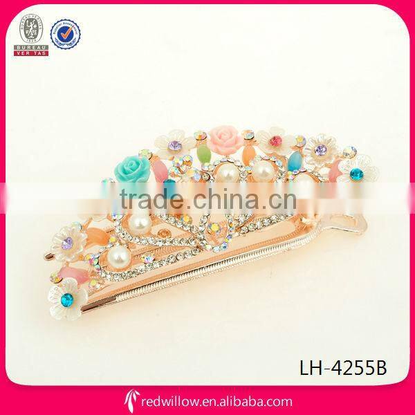 Wholesale jeweled hair accessory crystal pearl flower hair barrette