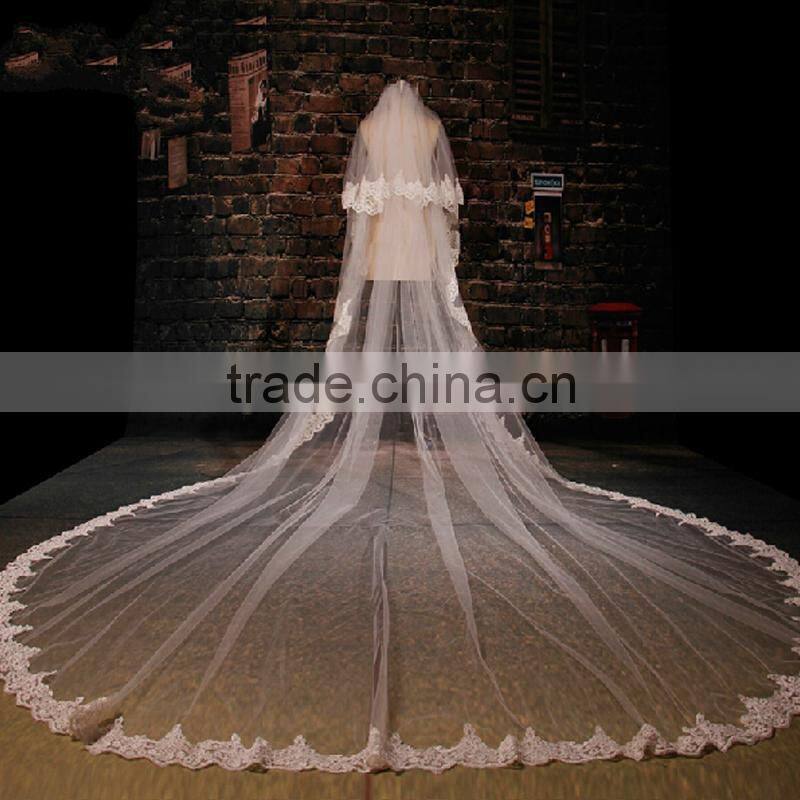 BV1002 New Arrival Elegant Ivory Veil Of Bride Lace Purfle One Layer 2015 Wedding Long Veils