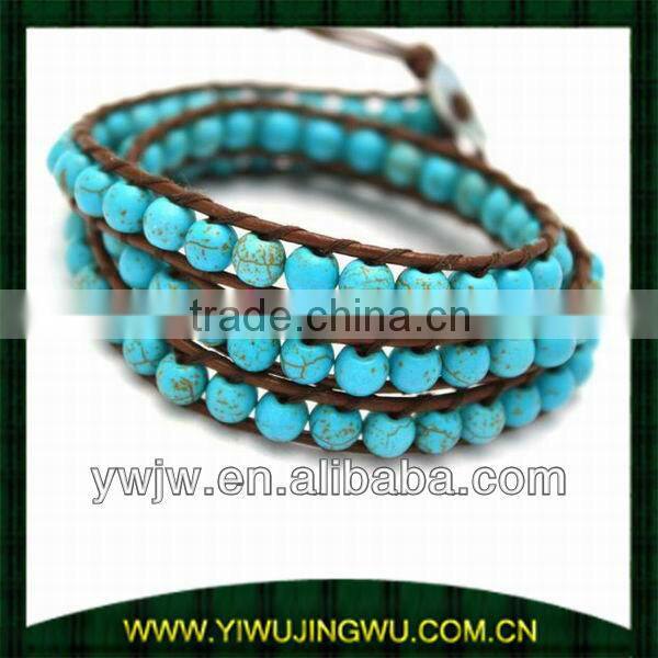 fashion Blue Gemstone & Leather Wrap Bracelet
