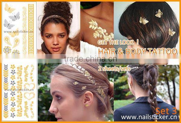 Wholesale gold silver color metallic tattoo temporary gold hair and body tattoo sticker factory