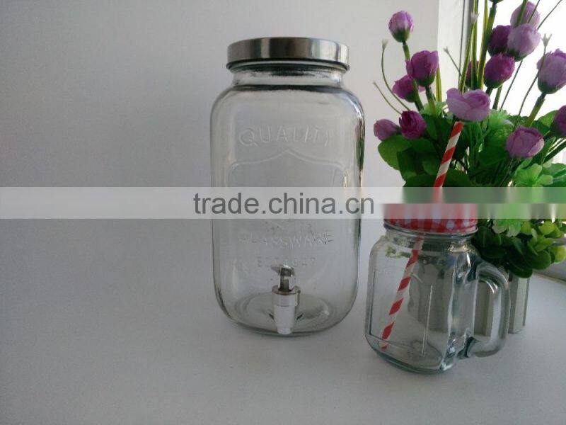 4L juice glass jar with tap and glass beverage dispenser with tap , glass demijohn with tap