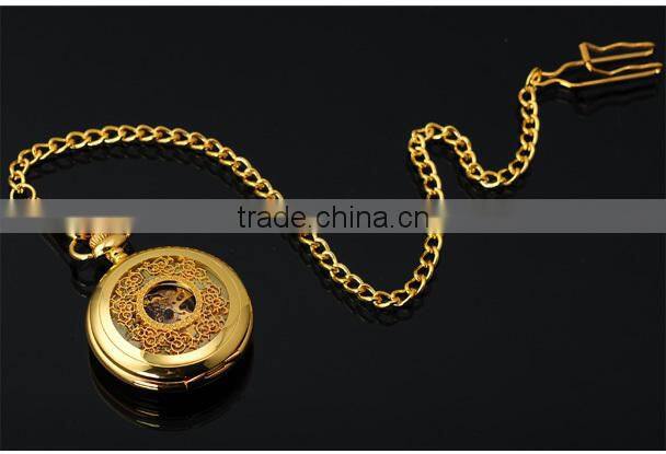 Fashion Skeleton Gold Case Roman Dial Mens Mechanical Pocket Watch