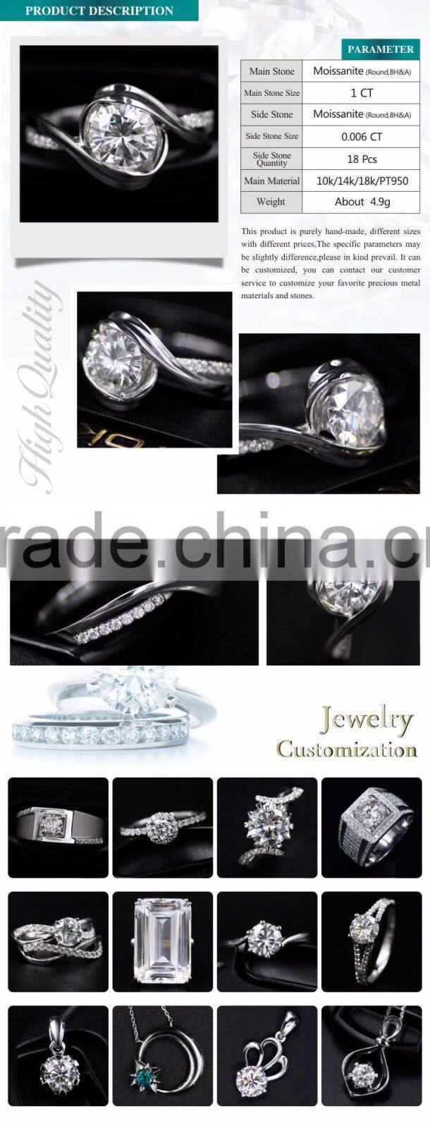 Wholesale wedding rings 14K 15K PT925 1ct Brililiant round cut Moissinite diamond with strong fire