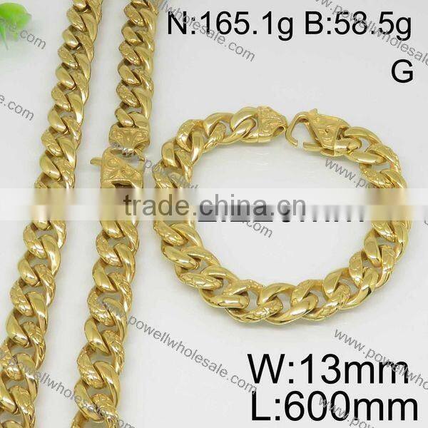 Hot classic stainless steel gold plated necklace and bracelet jewelry set