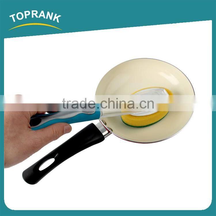 Toprank New Design Good Use Detachable Add Liquid Plastic Soap Dispensing Sponge Dish Cleaning Scouring Pad With TPR Handle