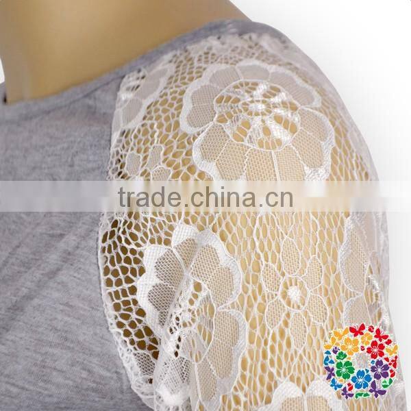 2017 wholesale women lace sleeve grey cotton shirt