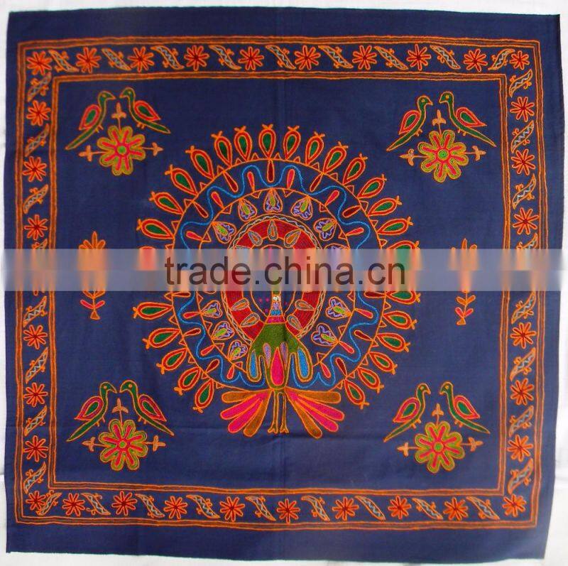 Handcrafted Khambadia Patchwork Indian Dancing Peacock Hand Embroidery Work Cotton Wall Hanging Tapestry