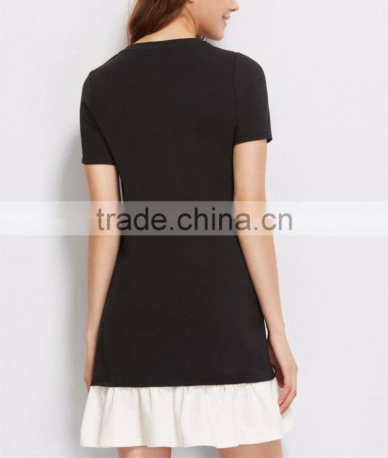 clothing/women fashion dresses/Black Contrast Ruffle Trim Short Sleeve Tee Dress