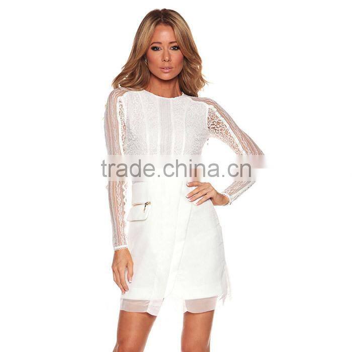 2014 Mesh Stitching Long Sleeve Lace Round Neck High Street Dress Irregular Little Black Evening Wedding Dress