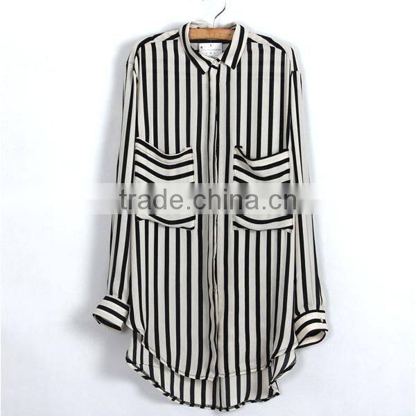 Top hot sell factorty directly price ladies' short front long back striped new model blouse with big pockets