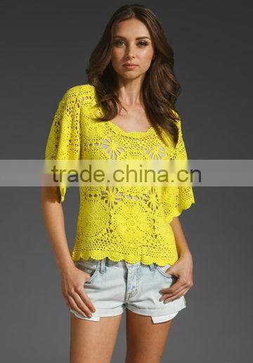 12WO004 Lemon lace shortsleeves casual woolen.