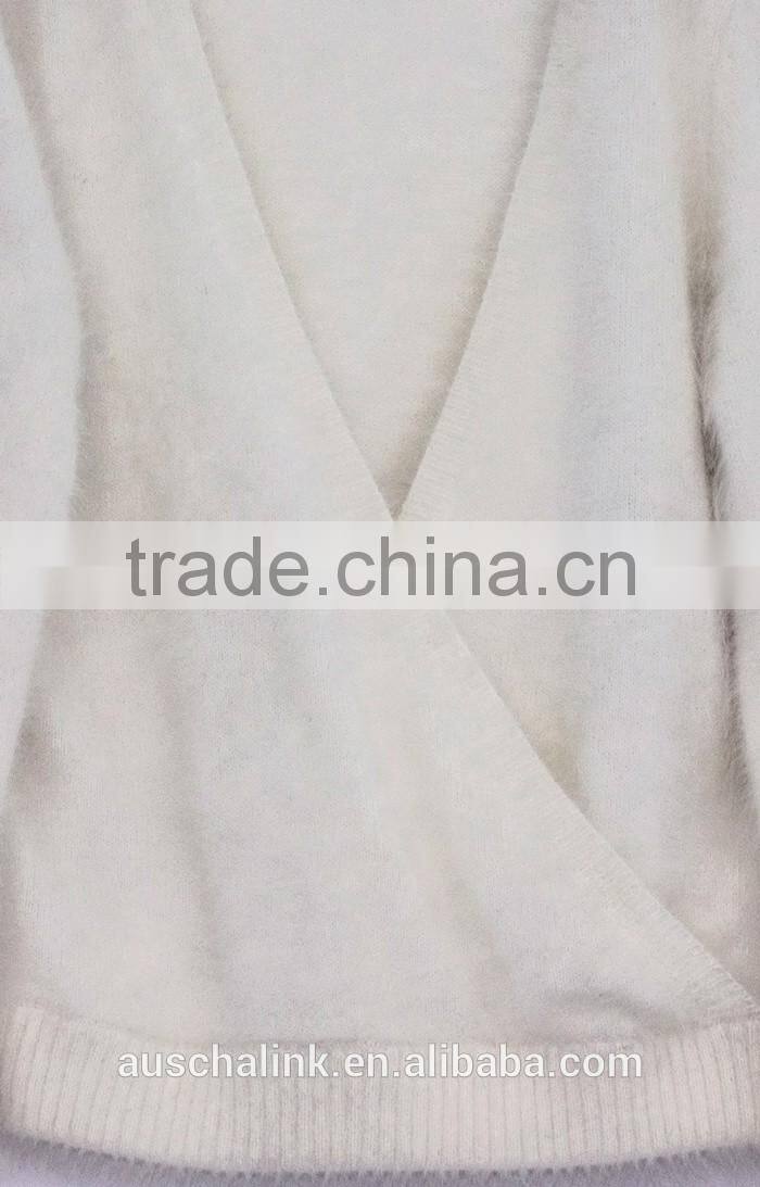 personalized lady ivory V neck ribbed hem100% angora sweater