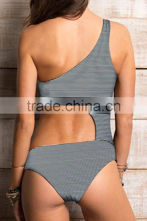 ladies fashion side cut out stripe one-piece swimwear
