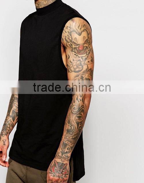 OEM customize men summer longline sleeveless turtle neck black plain t-shirt