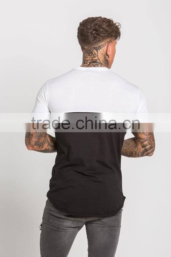 96% Cotton 4% Elastane Mens Gym Fitted Extend Long T-Shirt Short Sleeve Curved Hem Long Tee Tapered 2 Tone Panelled T Shirt
