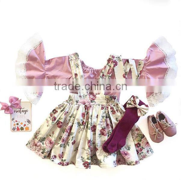 Boutique Summer Long Sleeve 2 Pieces Outfits Ruffle Vintage Dress Girl Clothes Set