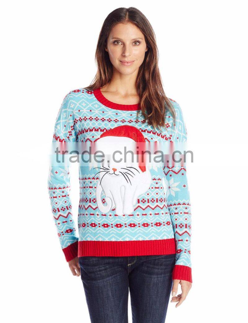 Women Light Blue Sweater Christmas Kitty Pattern Christmas Sweater Wholesaler