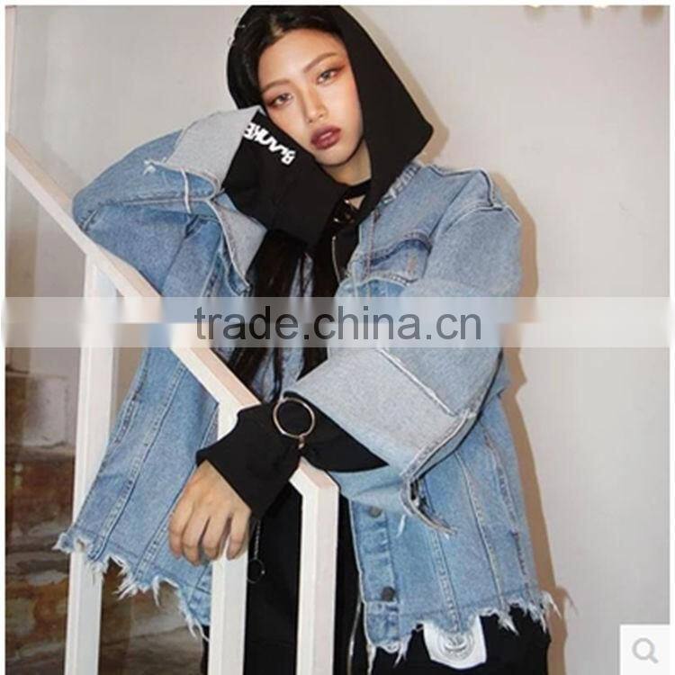 Women Basic Coats Spring Autumn Women Denim Jacket 2017 Vintage Hole Long Sleeve Loose Female Jeans Coat Casual Outwear