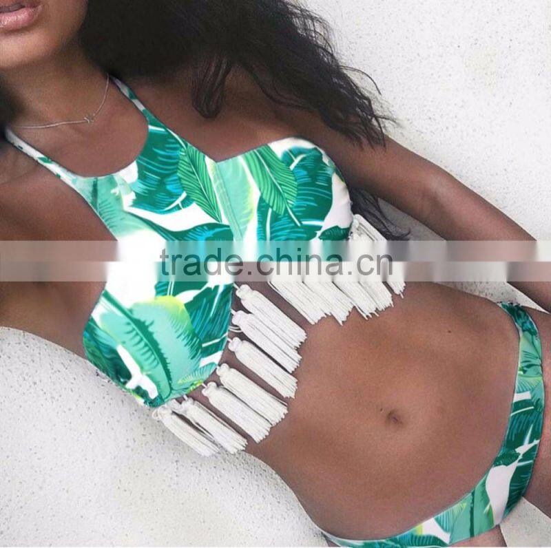 gray tassel leaves swimwear bikini/ latest fashion green vintage tassel bikini swimwear