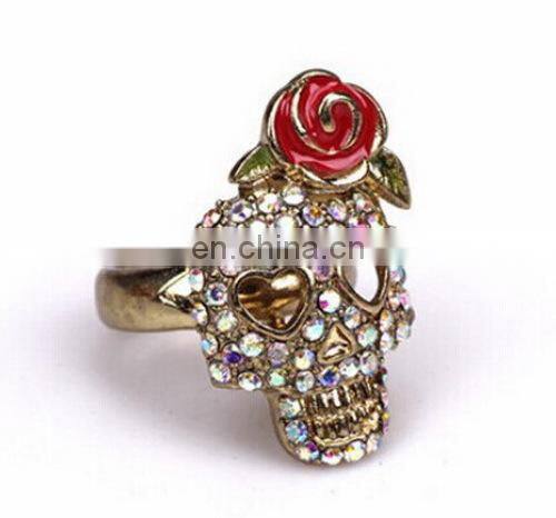 Fashion Jewelry High Quality Vintage Enamel Flower Rhinestone Skull Women's Alloy Finger Ring