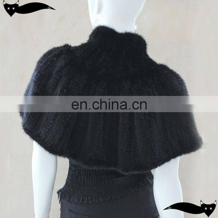Genuine black knitted mink fur winter shawl