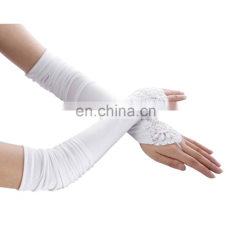 Grace Karin Womens 19" Lace Embellished Pleated Black And White color Fingerless Gloves Bridal Wedding Gloves CL010471