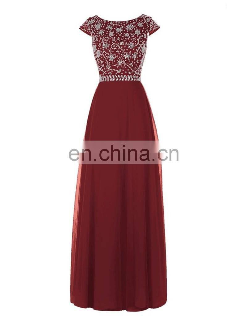 Burgundy Evening Gown Robe De Soiree 2016 Free Shipping Scoop Short Sleeves Chiffon Long Prom Dress with Crystals beaded