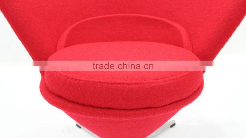 replica classic design fiberglass material fabric heart chair, cone chair with chrome finish legs