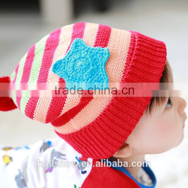 Hot Selling Star Applique Baby Boys Girls Stripe Knitted Pom Pom Baby Beanie Cap