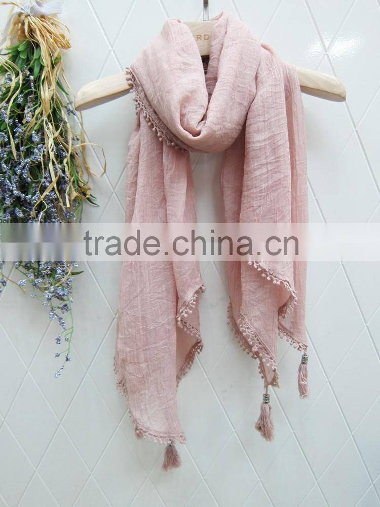 Fashion Latest Large Long Plain Cotton Linen Embroidery Lace Brim Tassel Scarf Shawl
