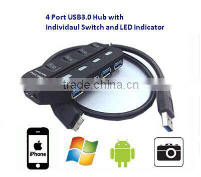 Handheld Design Durable 4 Port USB 3.0 Type Hub with Idividual Switch and LED Indicator