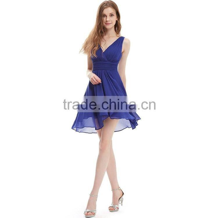 2016 new arrival charming women dress chiffon layered sexy backless deep v-neck above knee prom dress