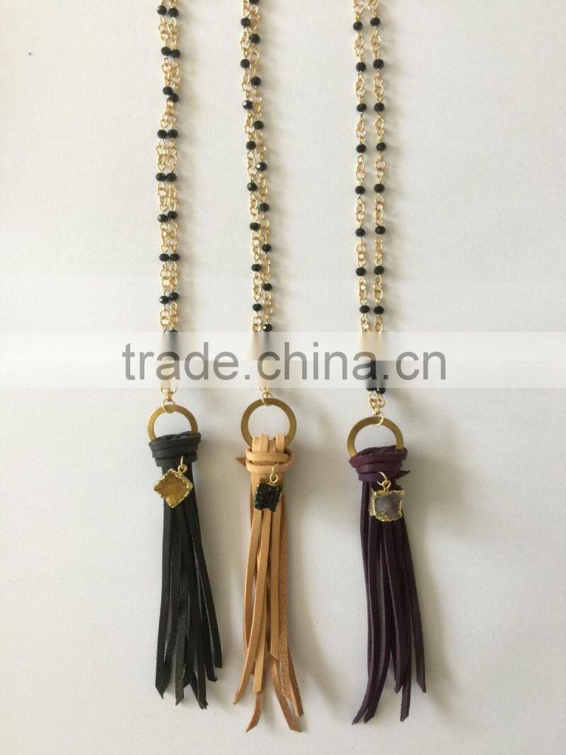 Latest Popular Natural Stone Beads Jeweled Slim Velvet Tassel Necklaces