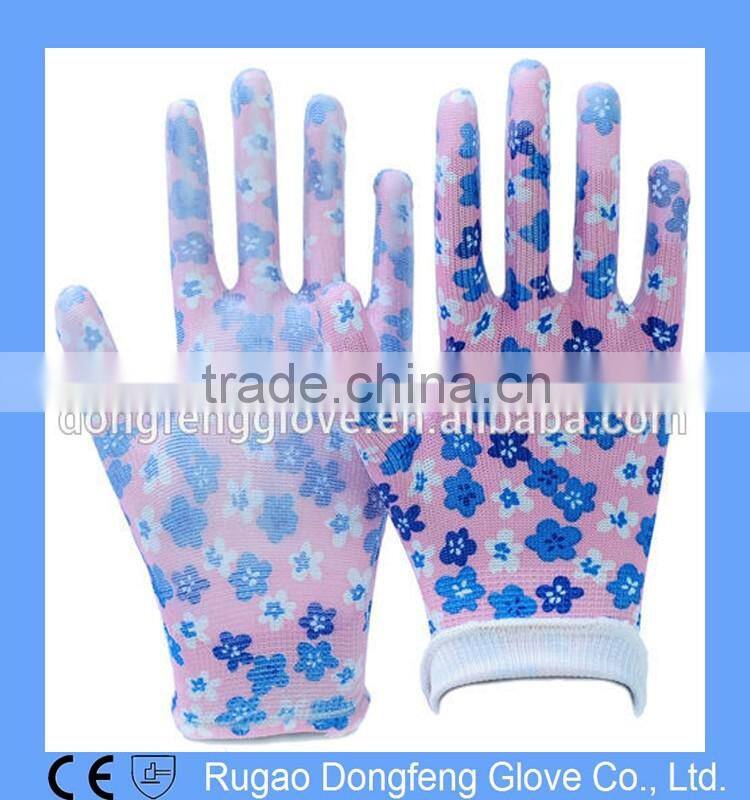 Polyester Printing Transparent Nitrile Coated Gardening Gloves