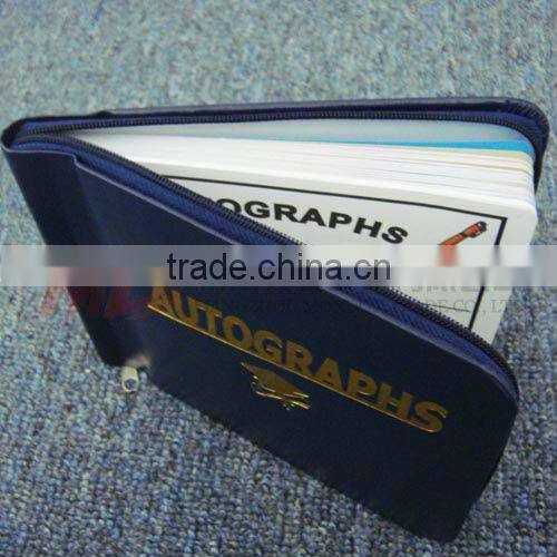 Navy Blue Zipper Closed Leatherette Autograph Book with Golden Stamping