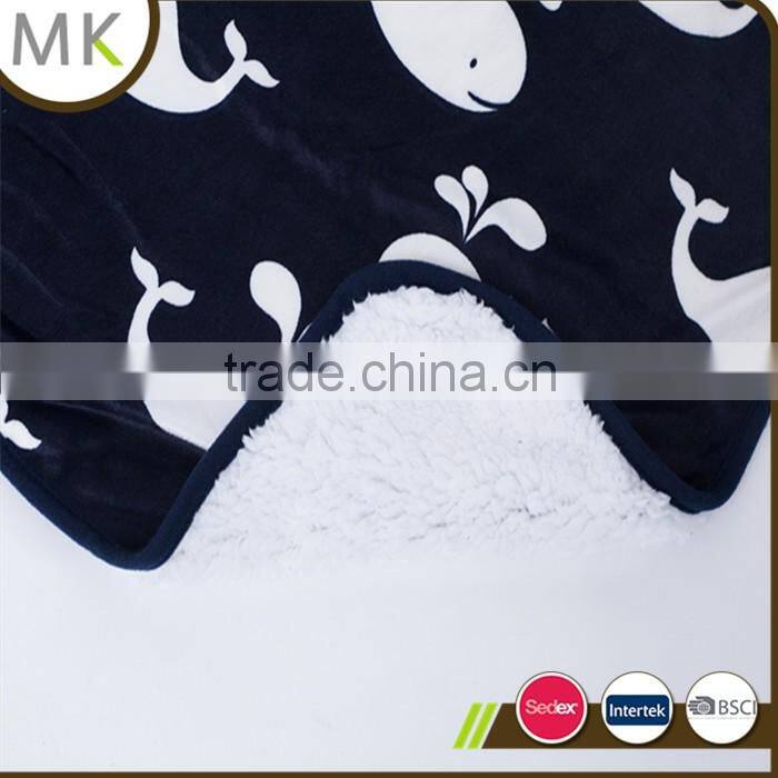 Printed plush fabric with white color sherpa lining baby blanket--whale design