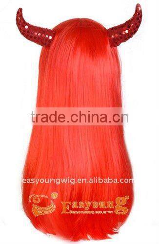 Wholesale cheap long red horn synthetic hair party wigs, cosplay witch wigs