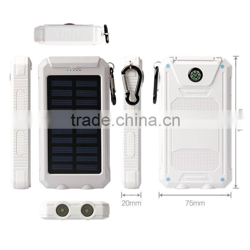 Outdoor survival waterproof solar mobile power bank charger with hook 10000mah