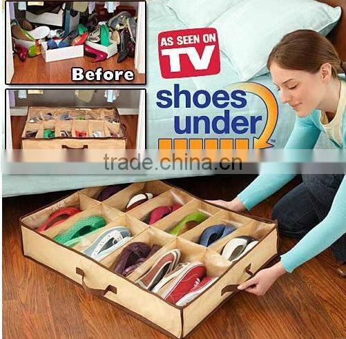 As Seen On TV 2014 Wholesale 12 Shoe Organizer Storage Box With Transparent Cover Good Quality Hot Selling 76x61x15cm