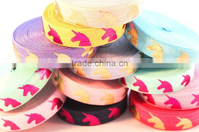 5/8" Fold Over Elastic Gold Unicorn on Carnation Pink Pattern Metallic Printed elastic band for underwear trousers