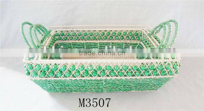 Set of Three Green Paper rope storage basket with bead