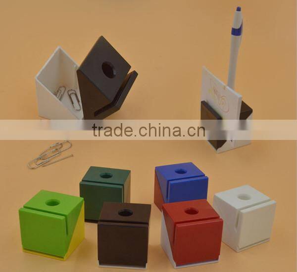 Plastic cube shape pen & memo pad holder with clip dispenser