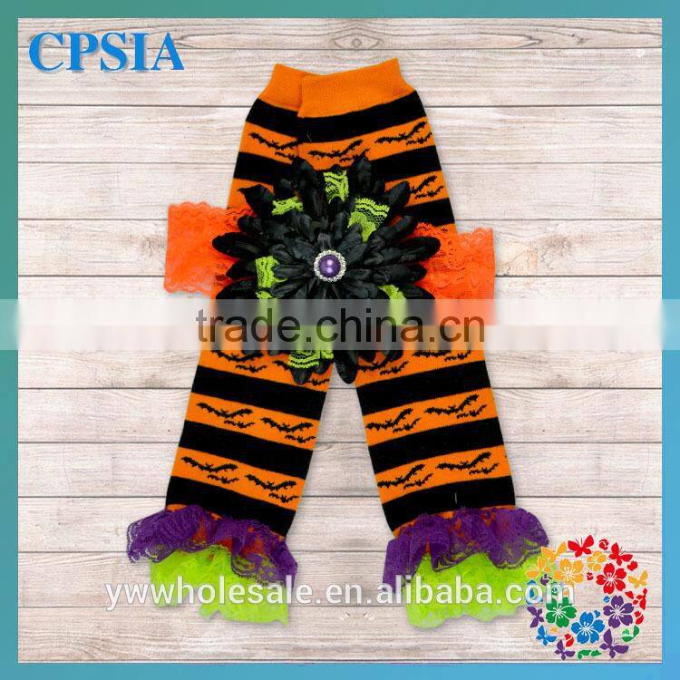 Latest Orange Yellow and Black Deisgn Classic Chiffon Ruffled Baby Leg Warmer Match Headband Set