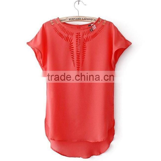 NEW 2015 summer Women's Clothing Blouses Shirts Chiffon Front Hollow Out Vintage Short Batwing Sleeve Shirt Top 6 Colors