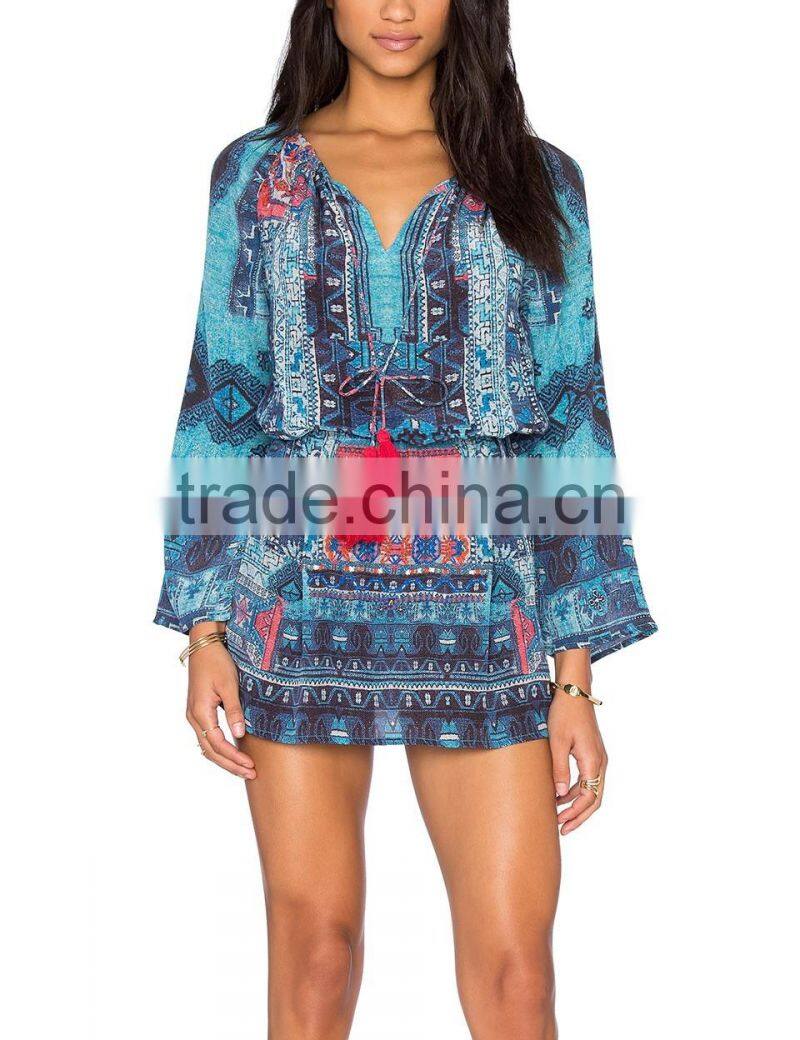 Boho Bohemian Clothing Silk Printing Mini Dress With Fringe Names Of Girls Dresses 2016 HSD5812