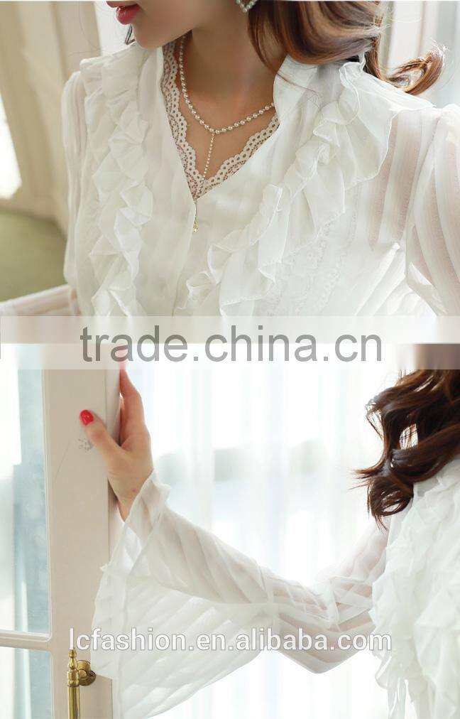 Fashion Summer peated blouse with long sleeve and ruffle design