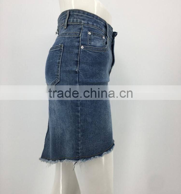 Women OEM frayed hem front botton denim skirt