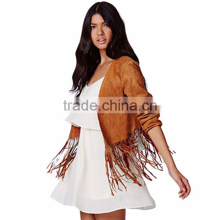 HAODUOYI Autumn Women Synthetic Suede Short Style Blazer Tassel Jacket