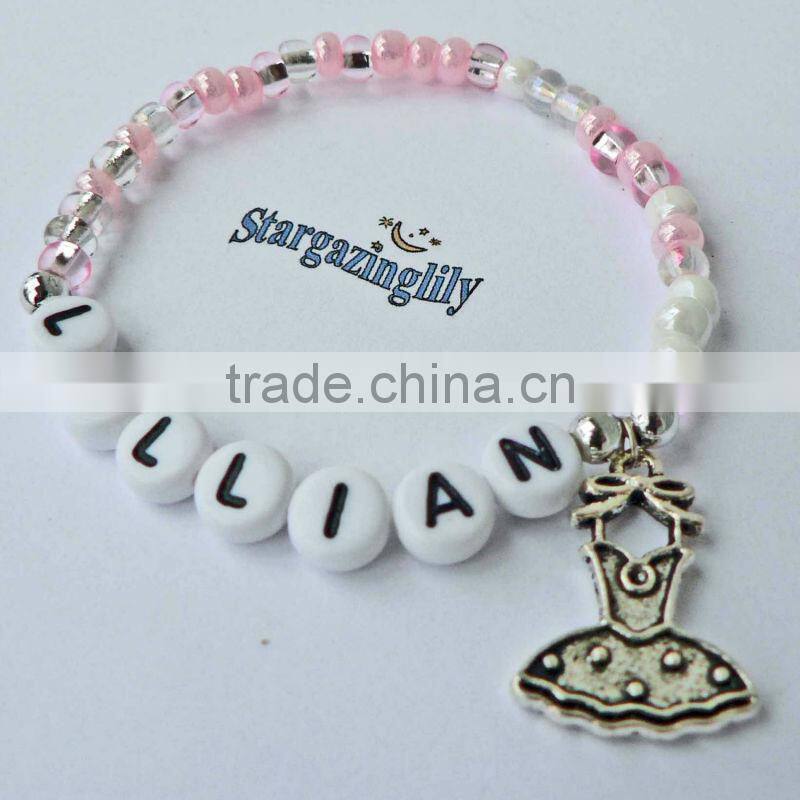 snowflakes Charm Bracelet, Personalized Name Bracelet, Party bracelet for child kids,little girl's pearl bead Christmas jewelry